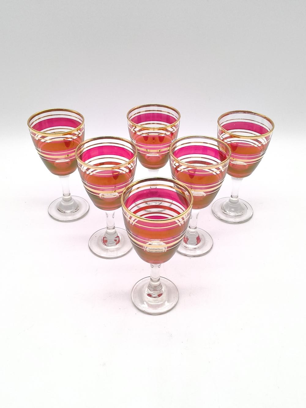 Set of 6 Vintage MCM Pink Gold Striped Liqueur Aperitif Glasses /Cordial Goblets